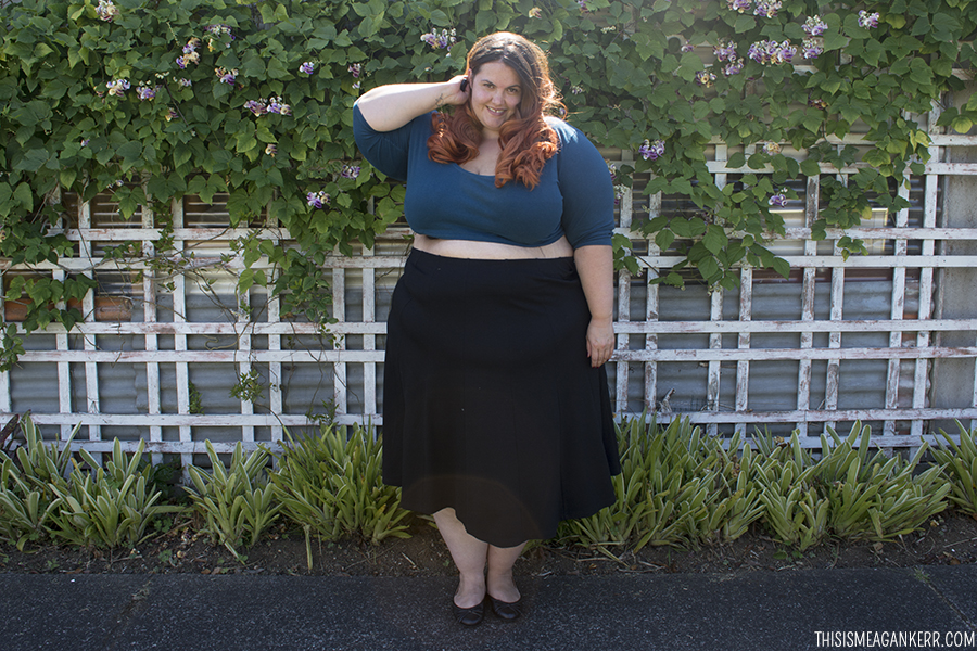 OOTD Meagan Kerr Chubby Cartwheels Plus Size Crop Top and Yourself Luxe Ponte Panelled Skirt