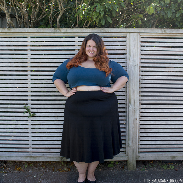 OOTD Meagan Kerr Chubby Cartwheels Plus Size Crop Top and Yourself Luxe Ponte Panelled Skirt