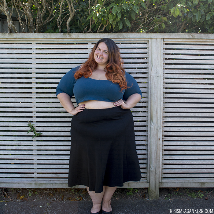 OOTD Meagan Kerr Chubby Cartwheels Plus Size Crop Top and Yourself Luxe Ponte Panelled Skirt