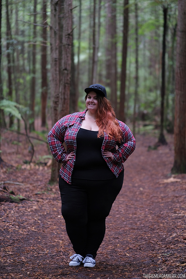 Flannel and Flat Caps - Crankworx Rotorua // Meagan Kerr wears Sara jeggings, ASOS Curve singlet, Kmart flannel check shirt, Hearsay sneakers, POC Sports cap