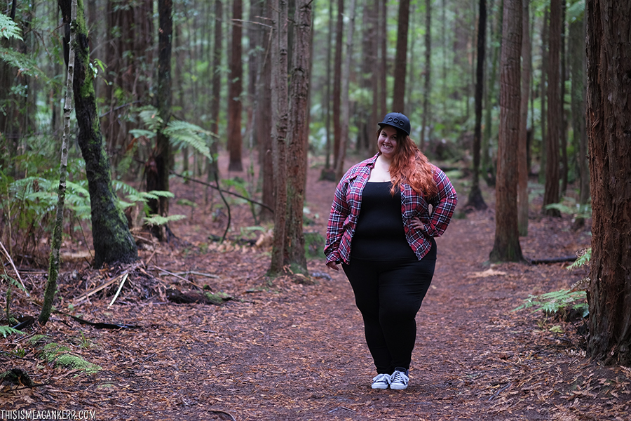 Flannel and Flat Caps - Crankworx Rotorua // Meagan Kerr wears Sara jeggings, ASOS Curve singlet, Kmart flannel check shirt, Hearsay sneakers, POC Sports cap