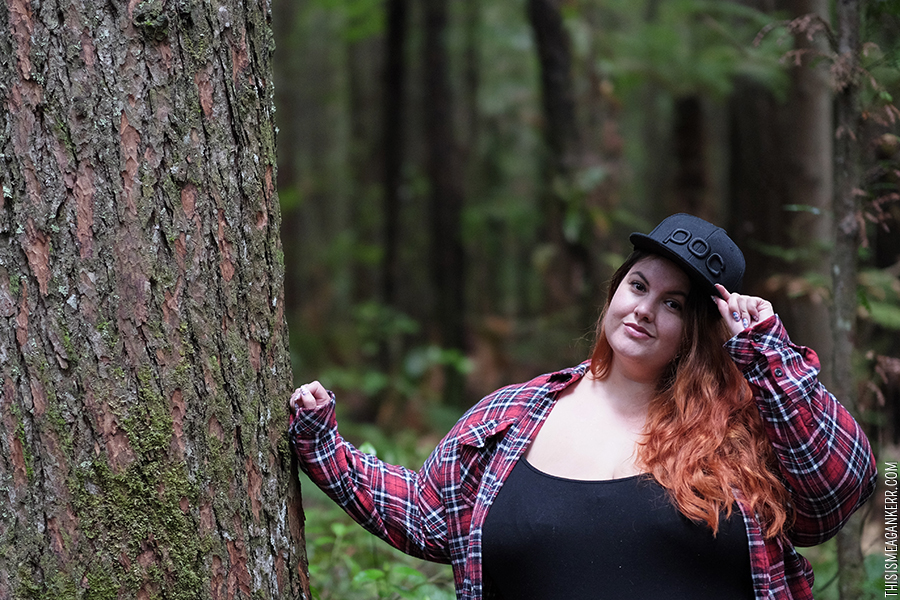 Flannel and Flat Caps - Crankworx Rotorua // Meagan Kerr wears Sara jeggings, ASOS Curve singlet, Kmart flannel check shirt, Hearsay sneakers, POC Sports cap