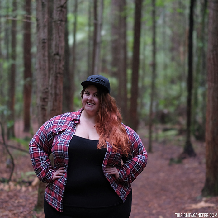 Flannel and Flat Caps - Crankworx Rotorua // Meagan Kerr wears Sara jeggings, ASOS Curve singlet, Kmart flannel check shirt, Hearsay sneakers, POC Sports cap