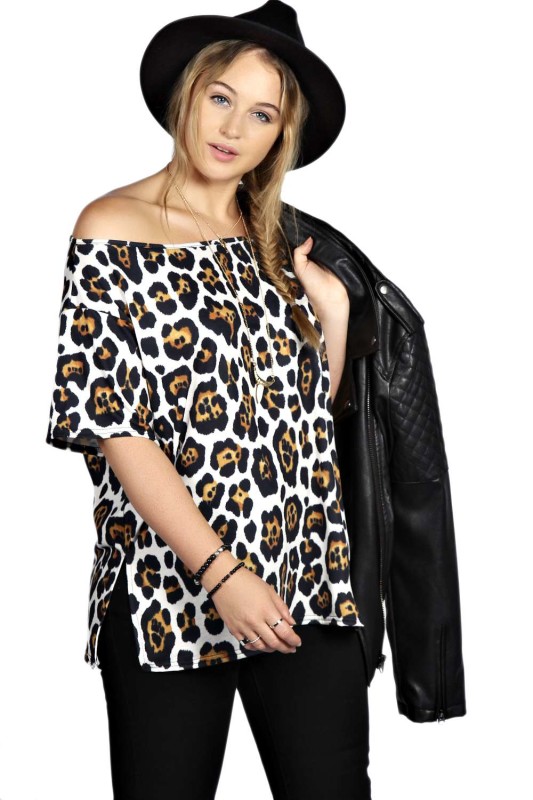 boohooPLUS Lizzie Leopard Off The Shoulder Tee