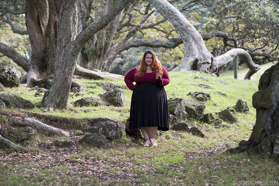 Meagan Kerr drinking Circus Circus coffee at Maungakiekie Cornwall Park