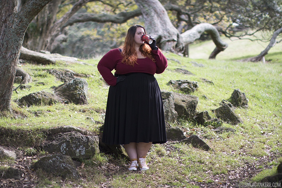 Meagan Kerr drinking Circus Circus coffee at Maungakiekie Cornwall Park