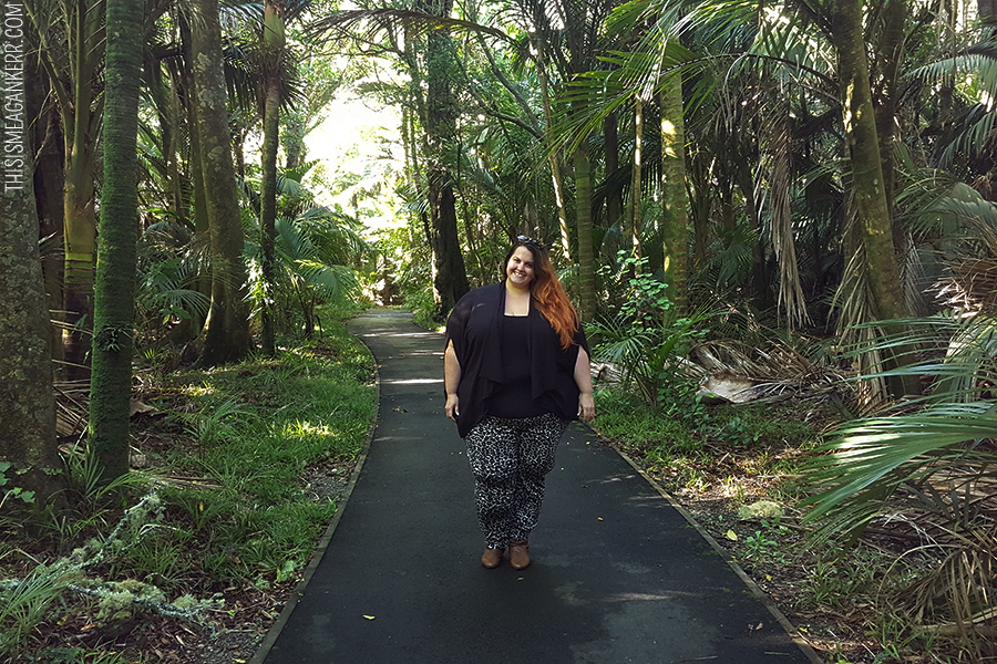 Meagan Kerr wears Autograph Animal Print Pants, ASOS Curve Tank and Sara Merino Cocoon Cardi