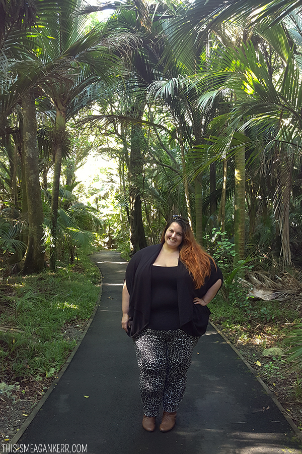 Meagan Kerr wears Autograph Animal Print Pants, ASOS Curve Tank and Sara Merino Cocoon Cardi