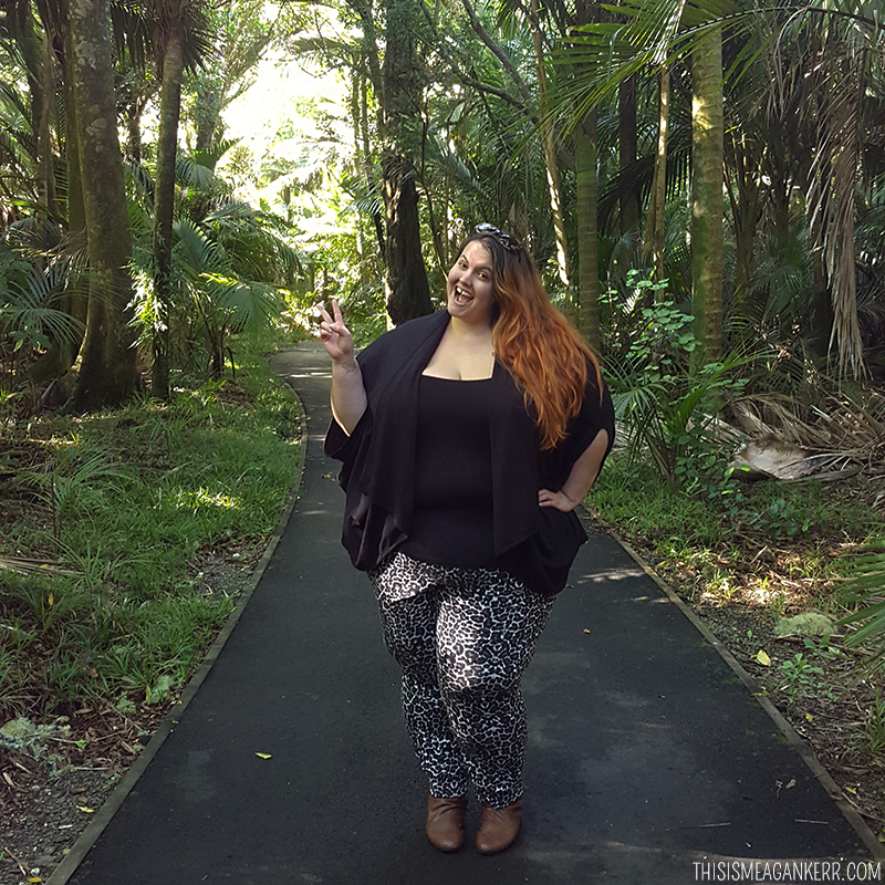 Meagan Kerr wears Autograph Animal Print Pants, ASOS Curve Tank and Sara Merino Cocoon Cardi