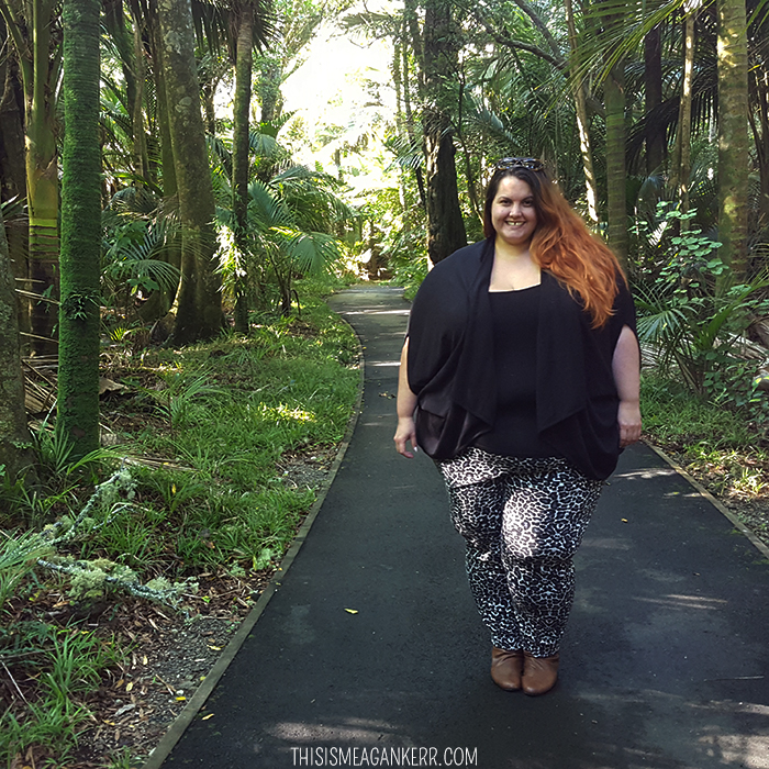 Meagan Kerr wears Autograph Animal Print Pants, ASOS Curve Tank and Sara Merino Cocoon Cardi