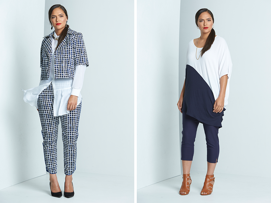 Grid Zip Collar Jacket, Mystic Collectors Shirt and Grid Pants / Sea Breeze Slouch Top and Quadrant Capri Pants