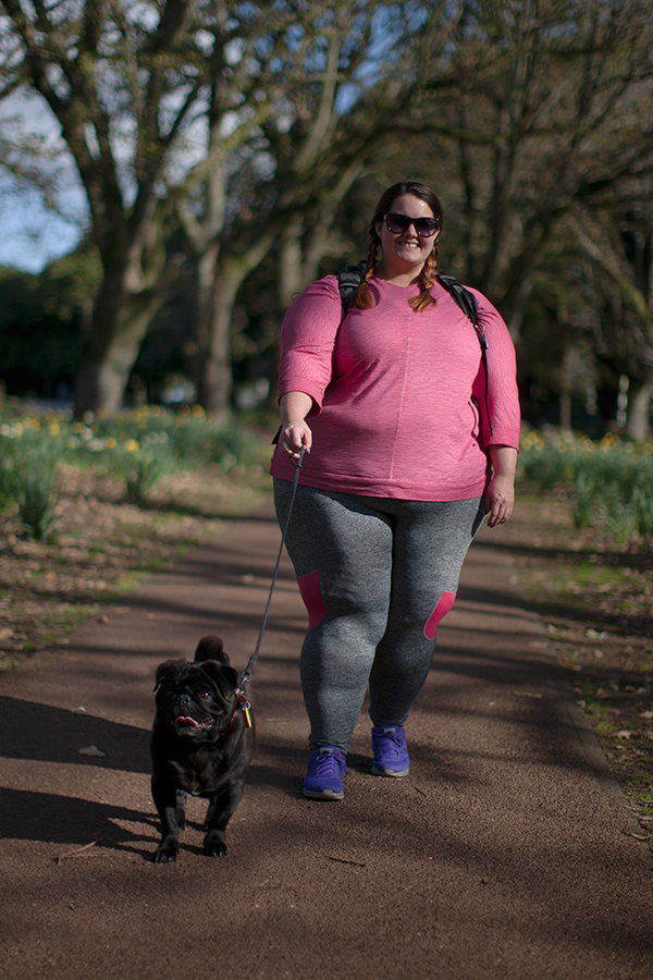 This is Meagan Kerr x Farmers plus size activewear and Floyd the pug