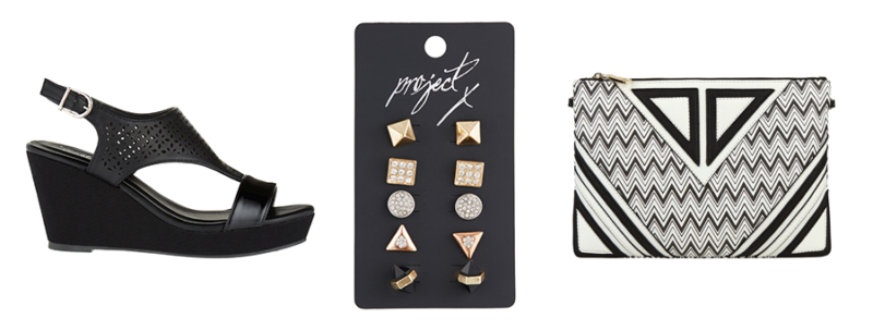 Salucci Collection Cut-Out T-Bar Wedge | Project X Whisper Shades Stud Earring Set, 5-Pack | Melie Bianco Zoey Pop Clutch