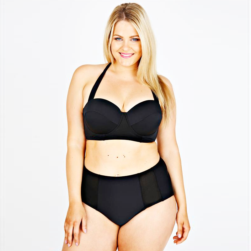 Plus size swimwear // Yours Clothing Black & Mesh Padded Underwired Bikini Top and High Waisted Bottoms