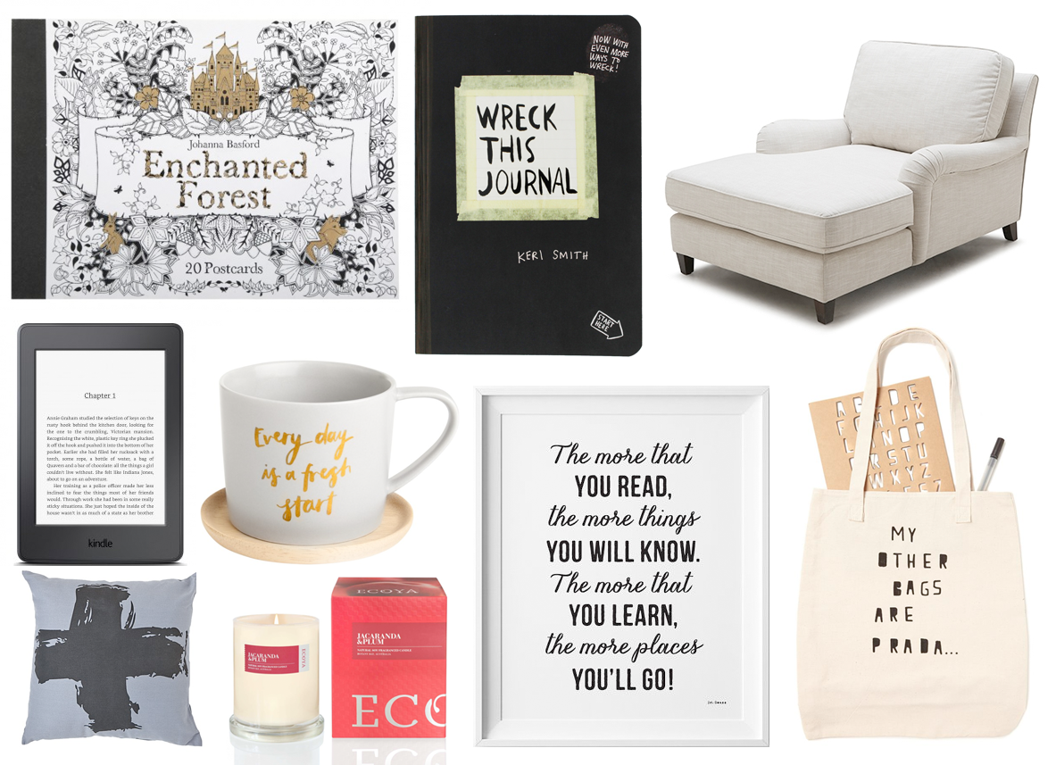 Gift ideas for book lovers // Enchanted Forest: 20 Postcards by Johanna Basford, $17.99 | Wreck This Journal by Keri Smith, $30.99 | Shakespeare Chaise, $1299 | Kindle Paperwhite High Resolution 300PPI Display WiFi, $219 | Habito Cushion Brush Stroke Black 43cm x 43cm, $12.50 | Svenska Hem Stilla Cup & Saucer, $22.90 | ECOYA Jacaranda & Plum Metro Jar, $49.99 | Dr Seuss Print, $15.24 | DIY Tote Bag, AUD $19.99