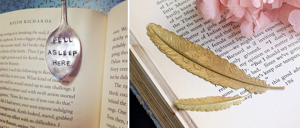 Gift ideas for book lovers // "Fell asleep here" hand stamped vintage spoon bookmark, $15.24 | Brass Feather Bookmark, $1.24