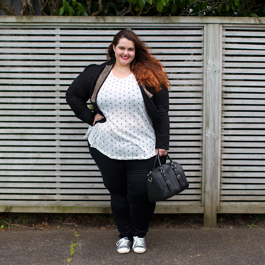 Meagan Kerr wears Wild Child Anchor Tank, 17 Sundays Sequin Denim Jacket, Sara Jeggings