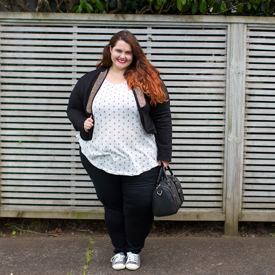 Meagan Kerr wears Wild Child Anchor Tank, 17 Sundays Sequin Denim Jacket, Sara Jeggings