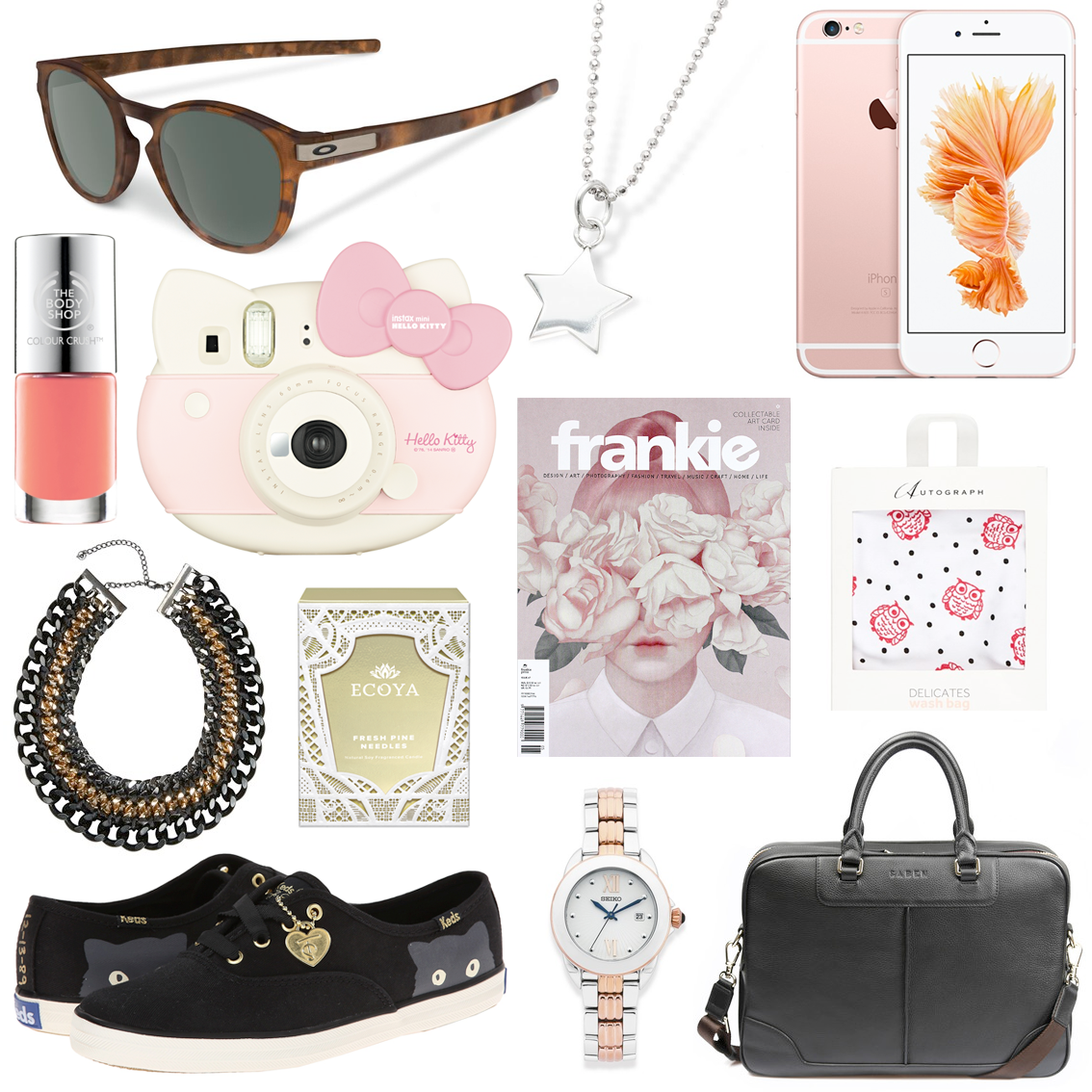 Gift ideas for fashionable babes // Oakley Latch Sunglasses $179.99 | Gala Darling Mystical Manifest Pendant Charm, $79.00 | Apple iPhone 6S, from $1199.00 | The Body Shop Colour Crush™ Nail Polish, $12.95 | Fujifilm Hello Kitty Instax Mini, $179.99 | City Chic Chain Rope Plait Necklace, $44.99 | ECOYA Fresh Pine Needles Madison Jar, $49.95 | Frankie Magazine | Autograph Owl Wash Bag, AUD $9.99 | Keds x Taylor Swift Sneaky Cat Shoes, $79.95 | Seiko Watch, $599.00 | Saben Briefcase, $489.00