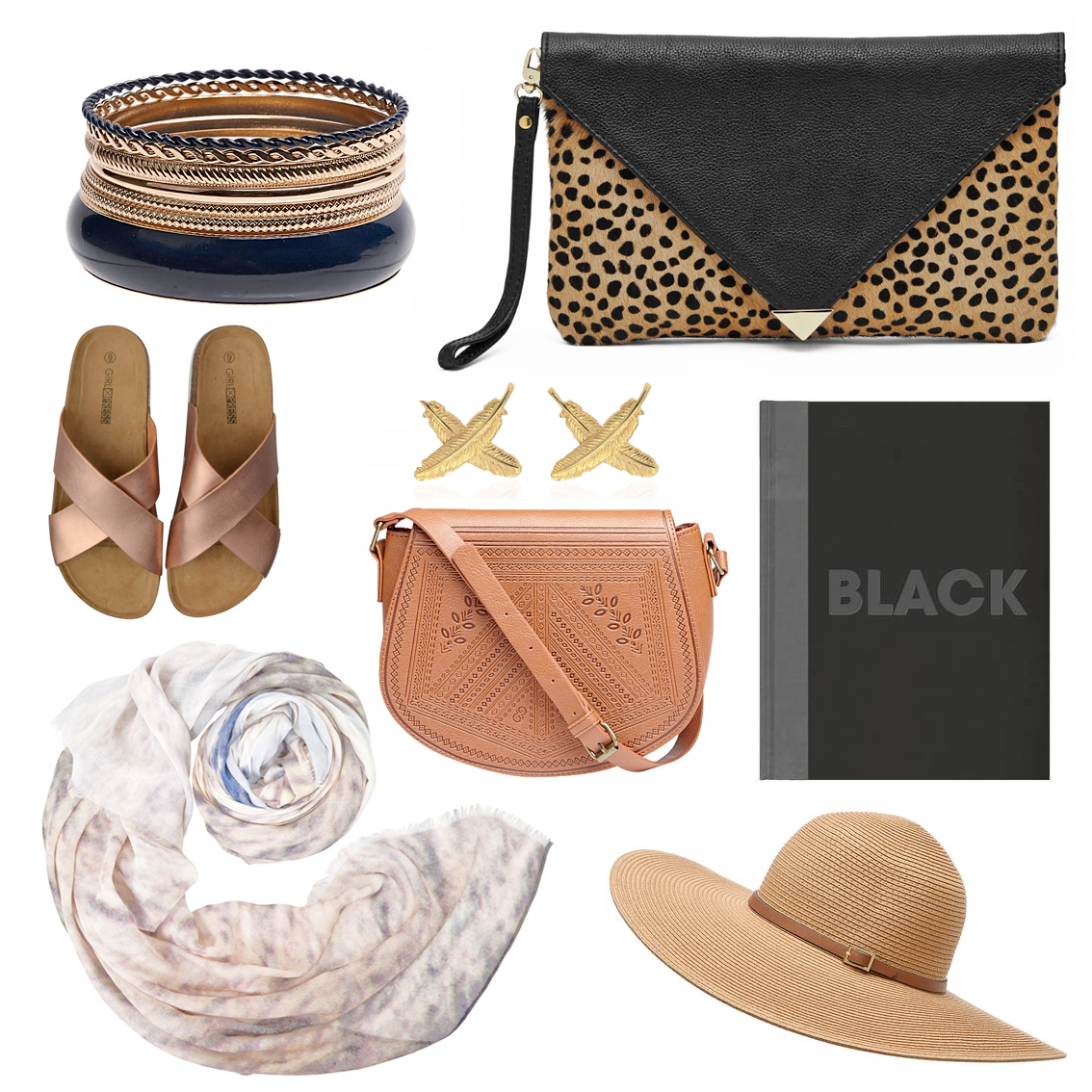 Gift ideas for fashionable babes // Debut Bangle Bracelet Set Gold, $15.00 | Mighty Purse Envelope Clutch, $183.00 | Girl Express Metallic Sandals, $12.00 | Boh Runga 9CT Gold Feather Kisses Studs, $289.00 | Debut Embossed Crossbody Handbag , $25.00 | Black: History of Black in Fashion, Society and Culture in New Zealand, $52.99 | Bird & Knoll Giza Riders Scarf, AUD $298.00 | Witchery Belted Sunhat, $79.90