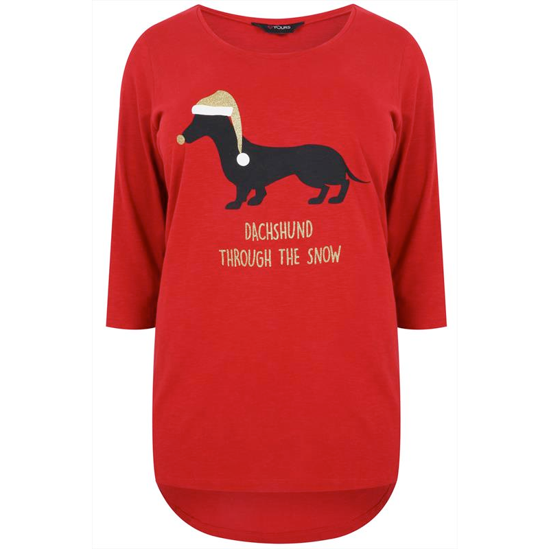 Plus size Christmas Sweaters // Yours Clothing Red Long Sleeve Top With "Dachshund Through The Snow" Print