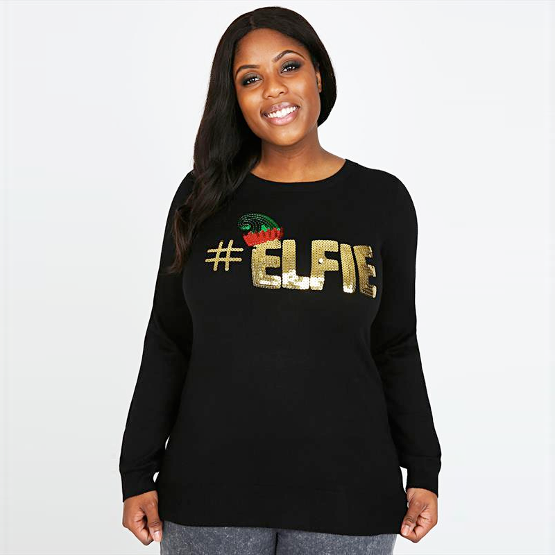 Plus size Christmas Sweaters // Yours Clothing Black & Gold Sequin '#ELFIE' Christmas Jumper
