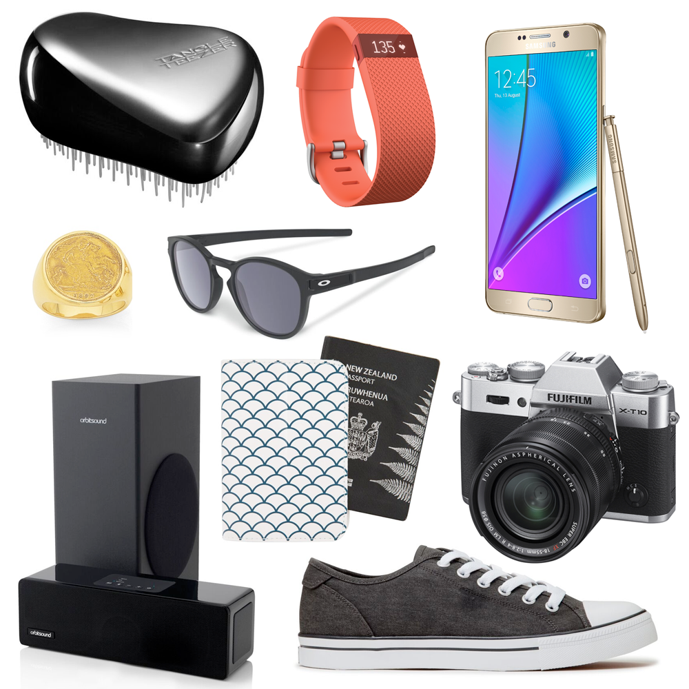 The Ultimate Christmas Gift Guide for Guys // Tangle Teezer Compact Groomer, RRP $34.00 | Fitbit Charge Heart Rate + Activity Wristband, $179.99 | Samsung GALAXY Note 5 32GB Smartphone, $1199.00 | Stewart Dawsons 9ct Gents Half Sovereign Ring, $1799.00 | Oakley Latch Sunglasses, $179.99 | Orbitsound M9 Compact Soundbar, $599.00 | Uniti Wanderlust Passport Cover, $7.99 | Deuce Brandon Dk Grey Denim Shoes, $89.90 | Fujifilm X-T10 +XF18-55mm Kit, $1770.00