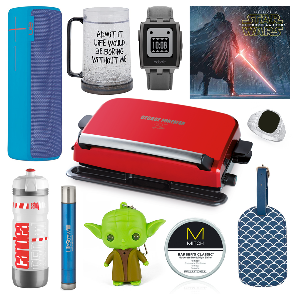 The Ultimate Christmas Gift Guide for Guys // Ultimate Ears UE Boom 2, $299.99 | Gift Inc Freezy Mug, $8.00 | Pebble Steel Smartwatch, USD $149.99 | Art of Star Wars: The Force Awakens, $59.99 | George Foreman Easy-to-Clean Grill, $199.99 | Stewart Dawson's Sterling Silver Gents Onyx Signet Ring, $179.00 | Candea LED Bottle | LifeStraw Steel Filter, USD $54.95 | Star Wars Yoda LED Keychain, USD $3.99 | Mitch by Paul Mitchell Barber's Classic Moderate Hold/High Shine Pomade | Uniti Wanderlust Luggage Tag, $7.99 