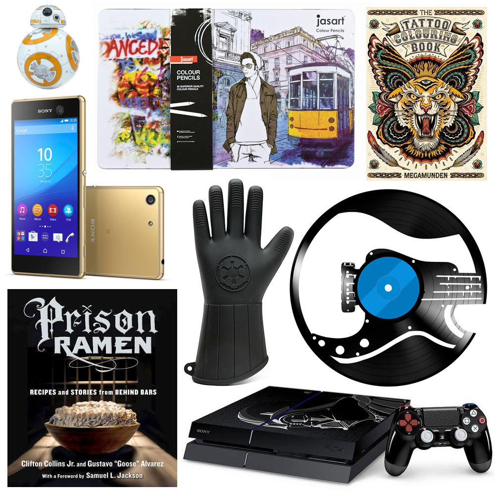 The Ultimate Christmas Gift Guide for Guys // BB-8 App-Enabled Droid by Sphero, $279.99 | Jasart Coloured Pencil Set, $34.99 | Tattoo Colouring Book, $29.99 | Sony Xperia M5 Smartphone, $799.00 | Star Wars Darth Vader Silicone Oven Mitt, USD $14.99 | Vinyl Record Art - Bass, $42.00 | Prison Ramen by Clifton Collins and Gustavo ''Goose'' Alvarez, $27.99 | PS4 1TB Star Wars Battlefront Deluxe Edition Console Bundle, $678.00