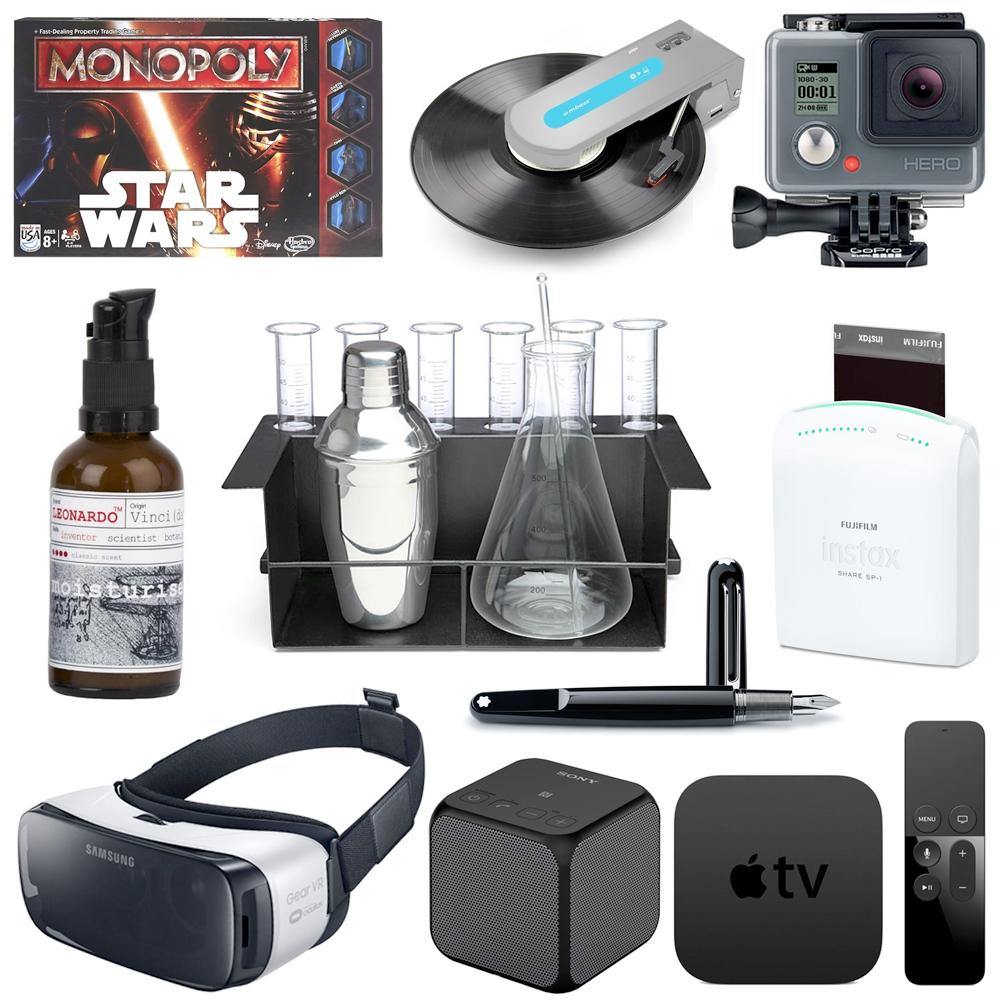 The Ultimate Christmas Gift Guide for Guys // Monopoly: Star Wars Edition, $35.99 | mBeat Portable USB Turntable, $89.99 | GoPro HERO Action Camera, $238.00 | Leonardo Skincare Moisturiser, $19.99 | Chemist's Cocktail Kit, USD $29.99 | Fujifilm Instax Share SP-1 Printer, $299.99 | Samsung Gear VR - Virtual Reality Headset, $199.99 | Sony Portable Wireless Speaker with Bluetooth, $129.95, Apple TV from $299.00