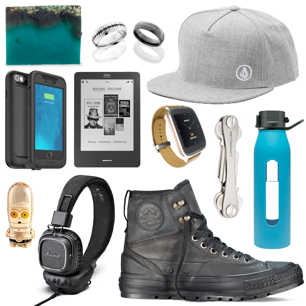 The Ultimate Christmas Gift Guide for Guys // Lush Sea Vegetable Soap, $8.10 / 100g | Soundwave Art Custom Rings, from USD $199.00 | Volcom Single Stone Snapback, AUD $19.95 | Mophie Juice Pack H2PRO for iPhone 6, $179.99 | kobo Touch eReader, $139.99 | Asus ZenWatch, $349.99 | KeySmart 2.0, from AUD $79.95 | Takeya Classic Flip Cap Glass Bottle, USD $19.99 | 16GB Star Wars C3PO Mimobot USB Flash Drive, $29.00 | Marshall Major Pitch Black Headphones, $159.00 | Converse Chuck Taylor All Star Tekoa Boot, USD $100.00