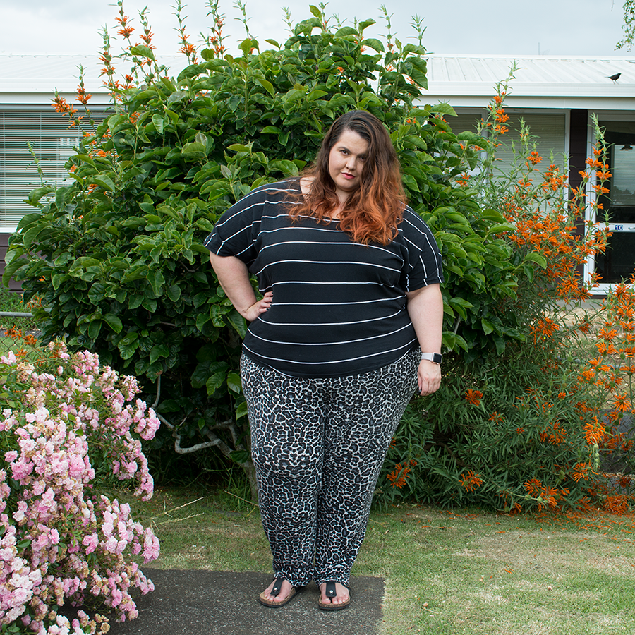 NZ Style Curvettes Pattern Clash: Meagan Kerr wears 17 Sundays Stripe Batwing Tee and Autograph Animal Print Joggers
