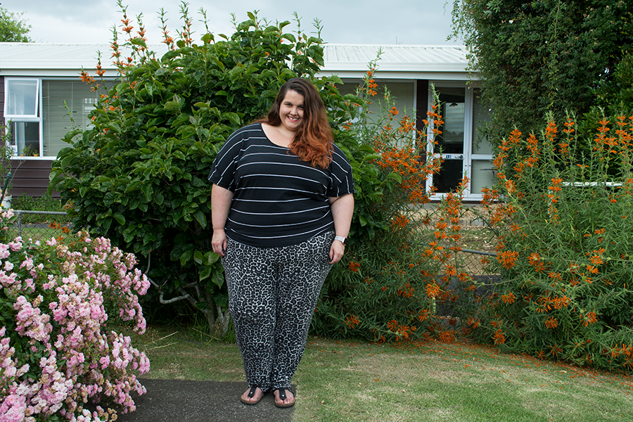 NZ Style Curvettes Pattern Clash: Meagan Kerr wears 17 Sundays Stripe Batwing Tee and Autograph Animal Print Joggers