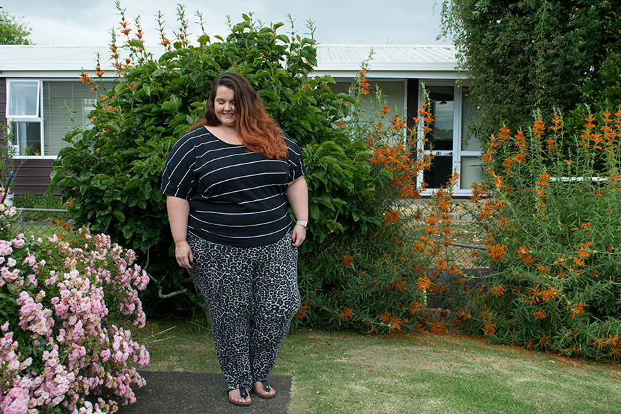 NZ Style Curvettes Pattern Clash: Meagan Kerr wears 17 Sundays Stripe Batwing Tee and Autograph Animal Print Joggers