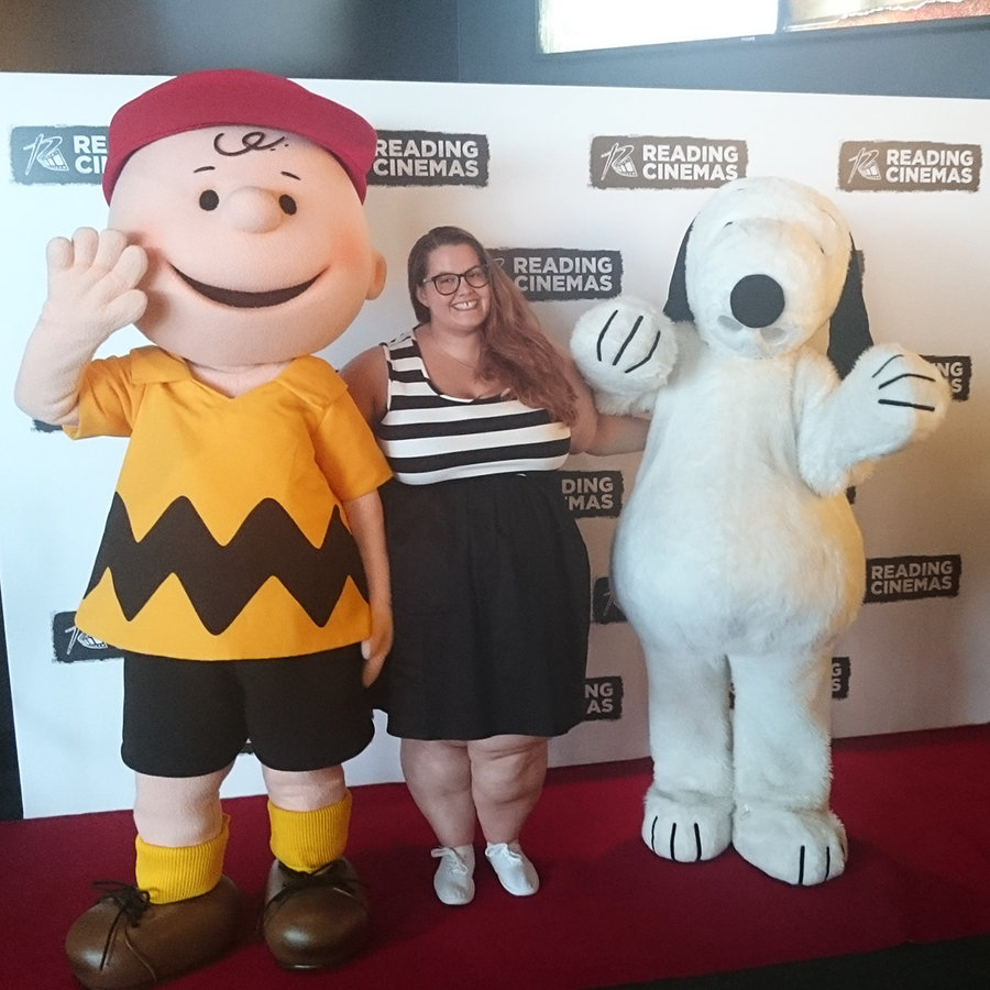 This is Meagan Kerr with Charlie Brown and Snoopy at the opening of Reading Cinema LynnMall