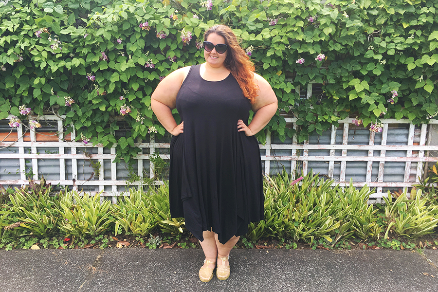 New Zealand plus size fashion blogger Meagan Kerr wears Boris Industries Pointed Hem A-Line Dress from Navabi