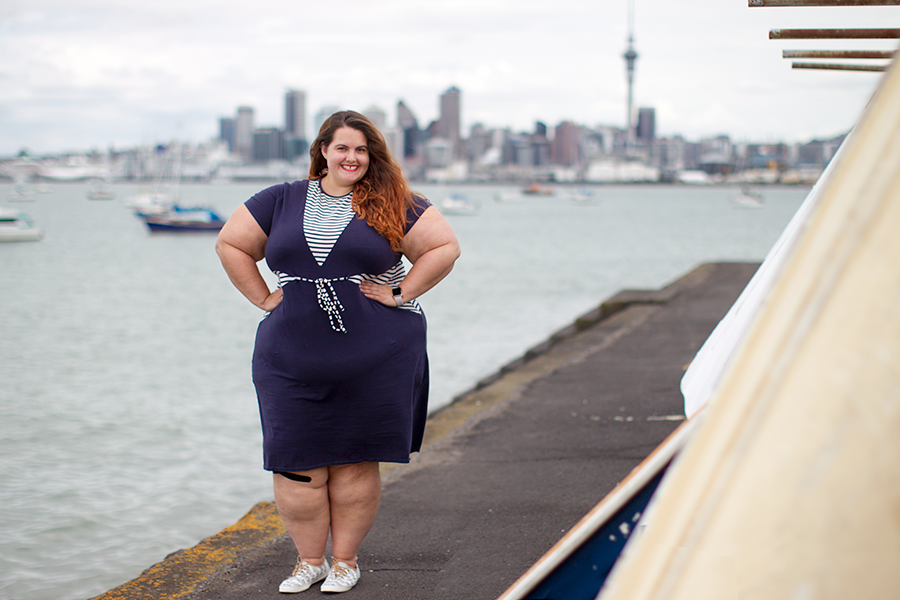 New Zealand plus size fashion blogger Meagan Kerr wears Hope and Harvest Nauticas Dress and Taylor Swift for Keds Anchor Stripe Sneakers