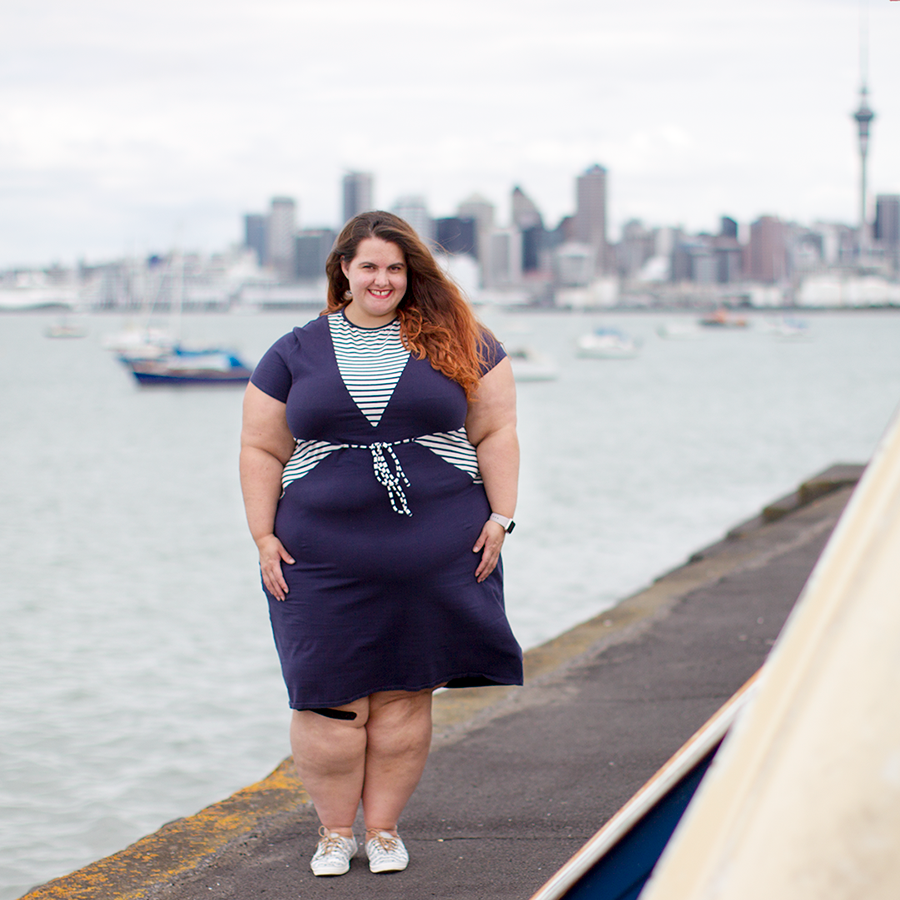New Zealand plus size fashion blogger Meagan Kerr wears Hope and Harvest Nauticas Dress and Taylor Swift for Keds Anchor Stripe Sneakers