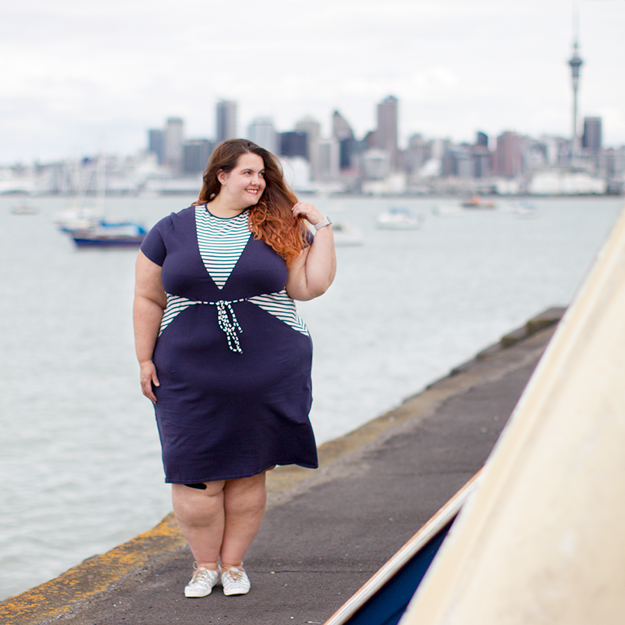 New Zealand plus size fashion blogger Meagan Kerr wears Hope and Harvest Nauticas Dress and Taylor Swift for Keds Anchor Stripe Sneakers