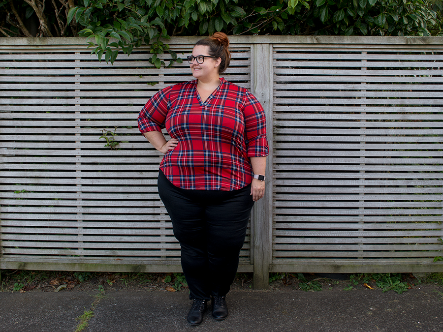 New Zealand plus size fashion blogger Meagan Kerr wears Society Plus Loey Lane plaid top