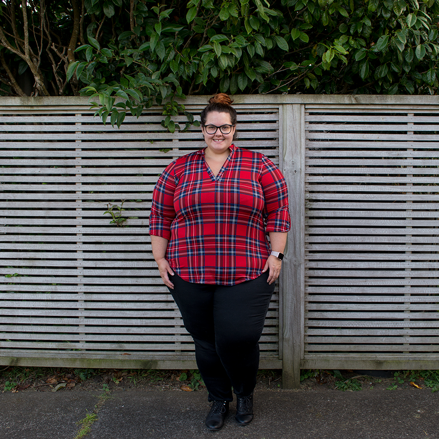 New Zealand plus size fashion blogger Meagan Kerr wears Society Plus Loey Lane plaid top