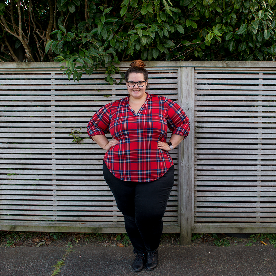 New Zealand plus size fashion blogger Meagan Kerr wears Society Plus Loey Lane plaid top