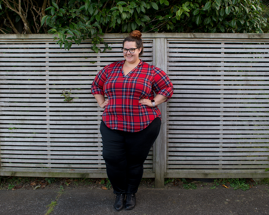 New Zealand plus size fashion blogger Meagan Kerr wears Society Plus Loey Lane plaid top