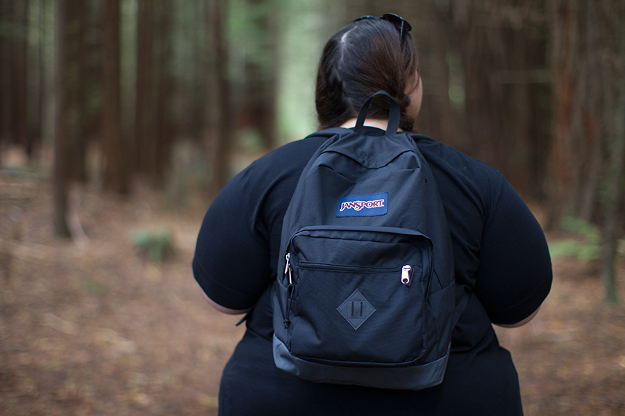 New Zealand plus size fashion blogger Meagan Kerr wears Hope & Harvest Pirate Dress and JanSport Bag for Crankworx Mountain Bike Festival in Rotorua