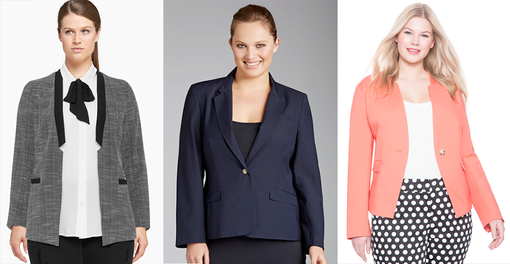 Plus size officewear // Navabi Manon Baptiste Two Tone Fitted Blazer, EziBuy Sara The Blazer and Eloquii Hartwood Blazer