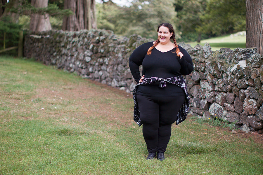 New Zealand plus size fashion blogger Meagan Kerr wears Wild Child City Ponte Pants, Yourself Luxe Merino Top and Alexia Check Shirt