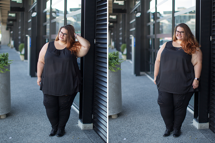 New Zealand plus size fashion blogger This is Meagan Kerr in 17 Sundays Sheer Swing Tunic and Warpaint Boyfriend Joggers