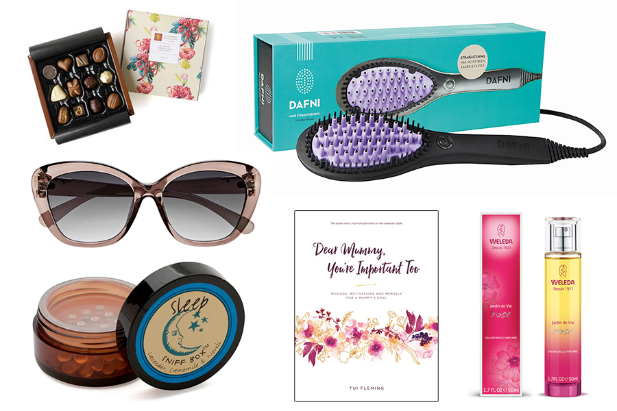 Mother's Day Gift Guide 2016 // Chrysanthemum Collection Classic Chocolate Assortment, $37.90 from Devonport Chocolates | Dafni Hair Straightening Ceramic Brush, $299.99 from Farmers | Isla Cats Eye Sunglasses, $79.90 from Witchery | Sleep Sniff Box, $9.90 from Matakana Botanicals | Dear Mummy, You're Important Too by Tui Fleming, $29.99 | Jardin de Vie Rose Perfume, $39.90 from Weleda