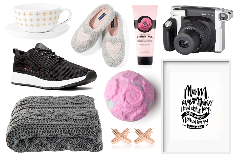 Mother's Day Gift Guide 2016 // Salt&Pepper My Cup Tea Cups and Saucers Set, $59.99 from Farmers | Lyric Kendall Heart Scuff Slippers, $24.99 from Farmers | British Rose Petal-Soft Hand Cream, $23.95 from The Body Shop | Fujifilm Instax wide 300 Camera , $239.99 from Noel Leeming | Hewfield Shoe, $109.90 from Deuce Generation | Colton Throw, $199.00 from Freedom Furniture | Rose Bombshell Bath Bomb, $8.50 from Lush | Boh Runga Rose Gold Feather Studs, $289.00 from The Mint Republic | Mum, I Learned From You print by Maiko Nagao, from $25.00