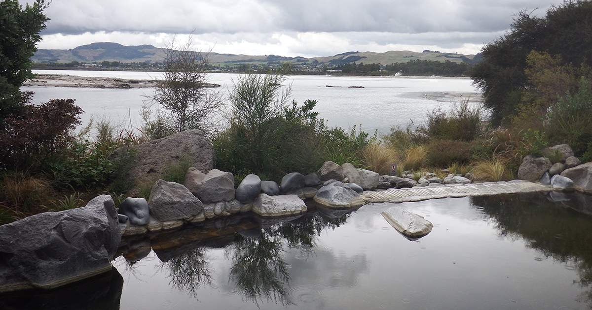 Relaxing things to do in Rotorua: enjoy the view of Lake Rotorua while soaking at the Polynesian Spa